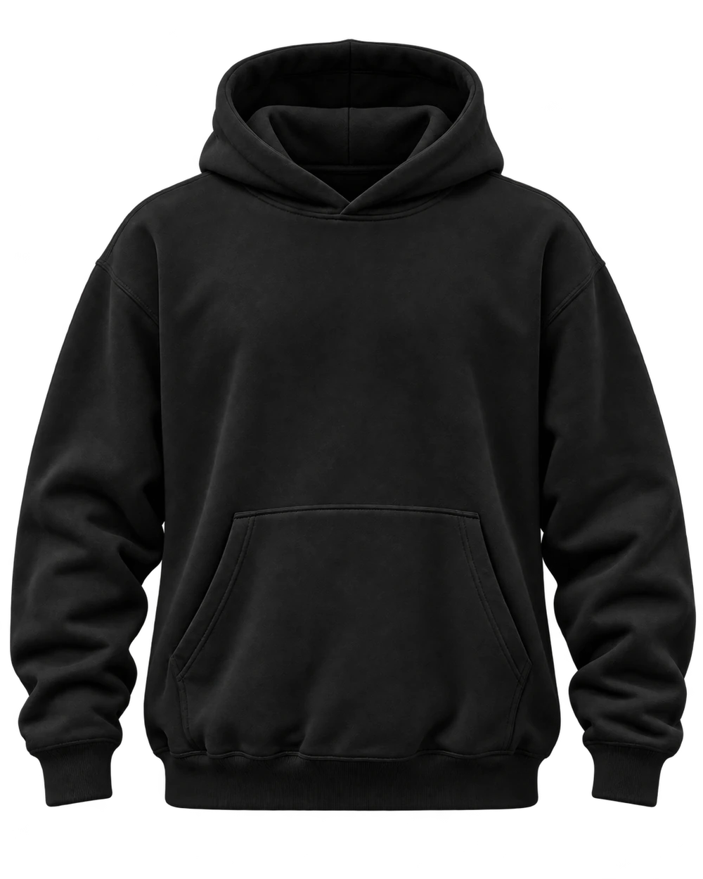 Zwarte hoodie zonder koorden, met een capuchon en buidelzak.