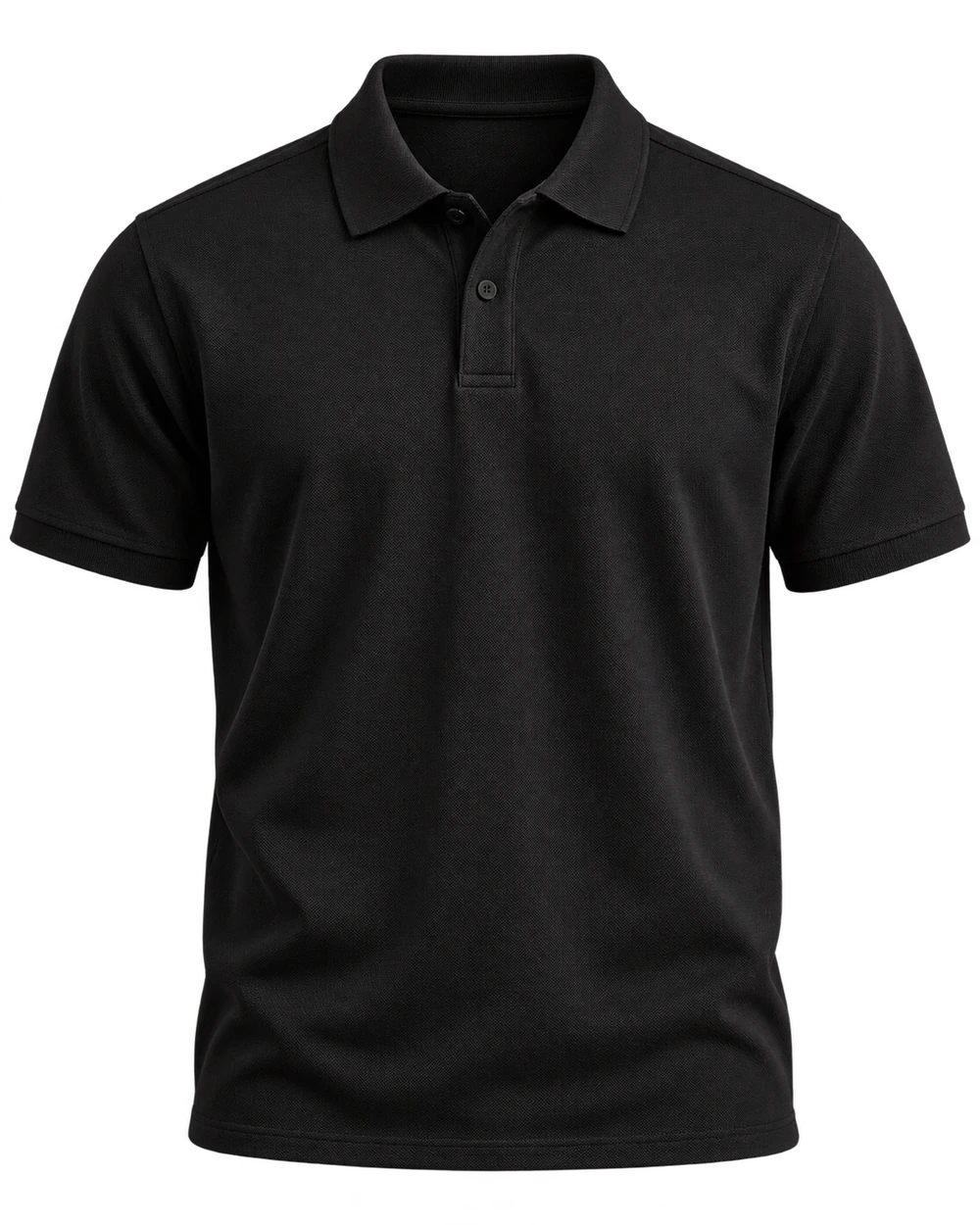 Zwarte polo met een kraag en een knoopsluiting.